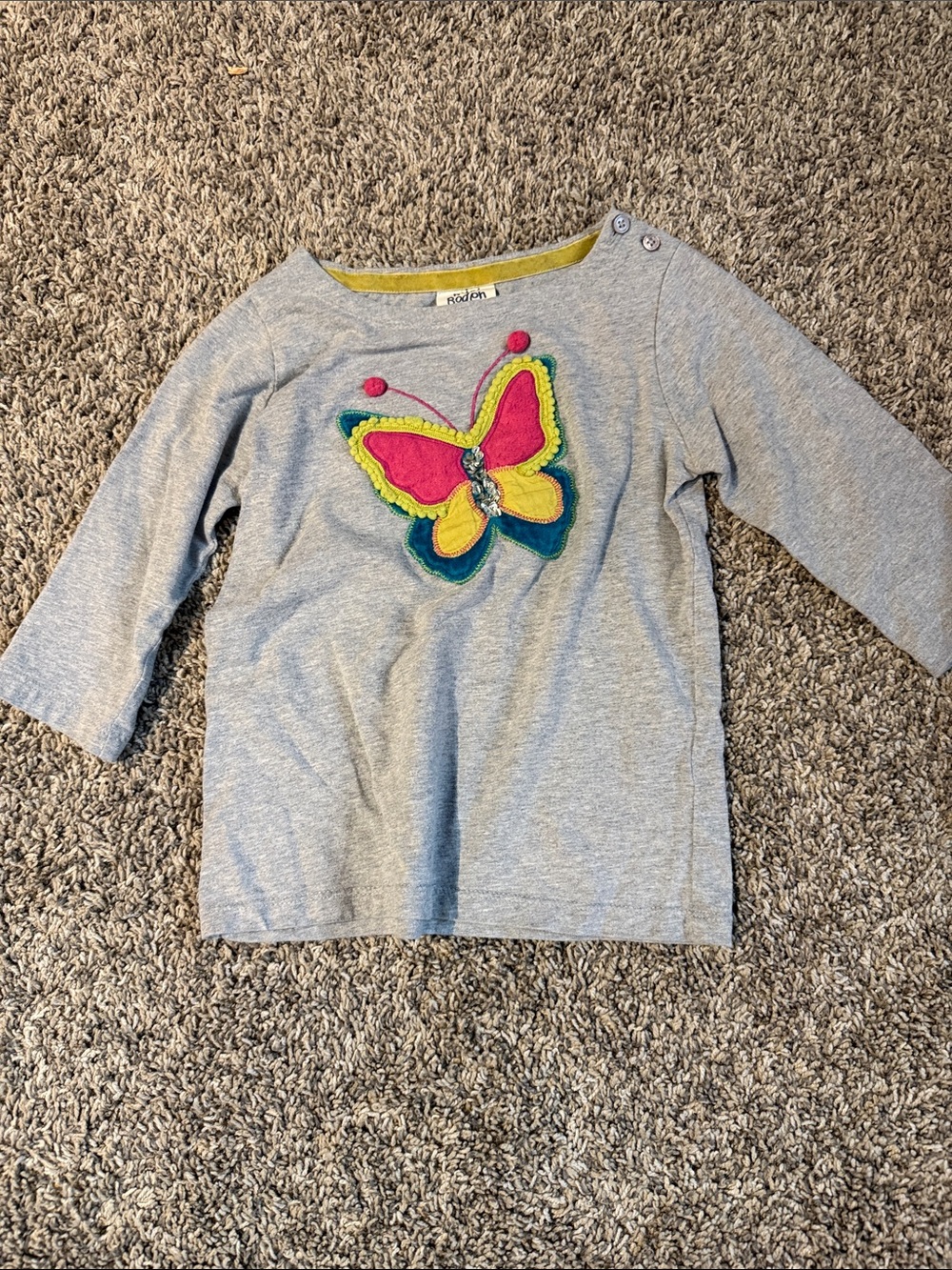Mini Boden Grey Long-Sleeve Tee with Bright Butterfly Appliqué